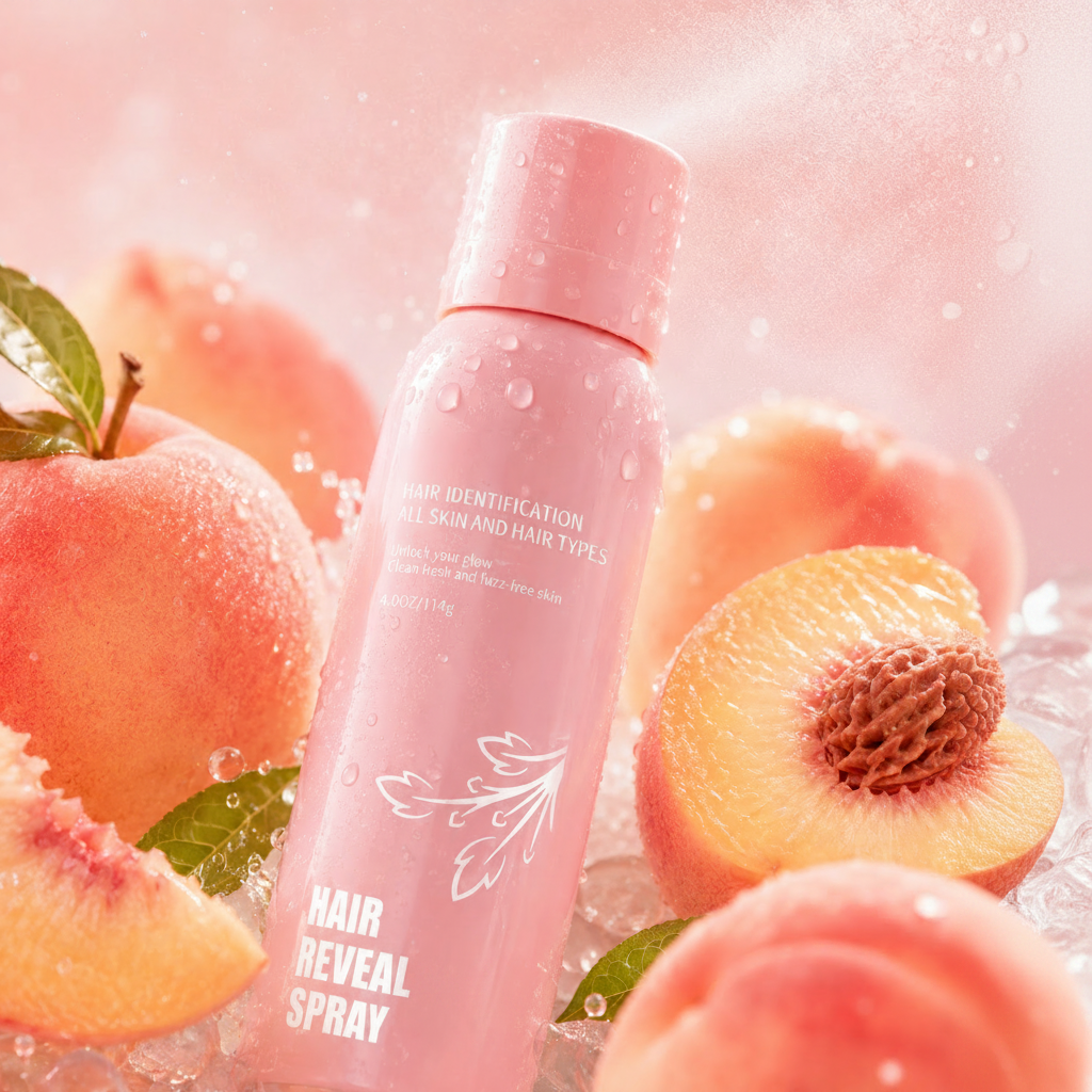 Hair Reveal Spray by Revyra surrounded by fresh peaches on ice with pink background